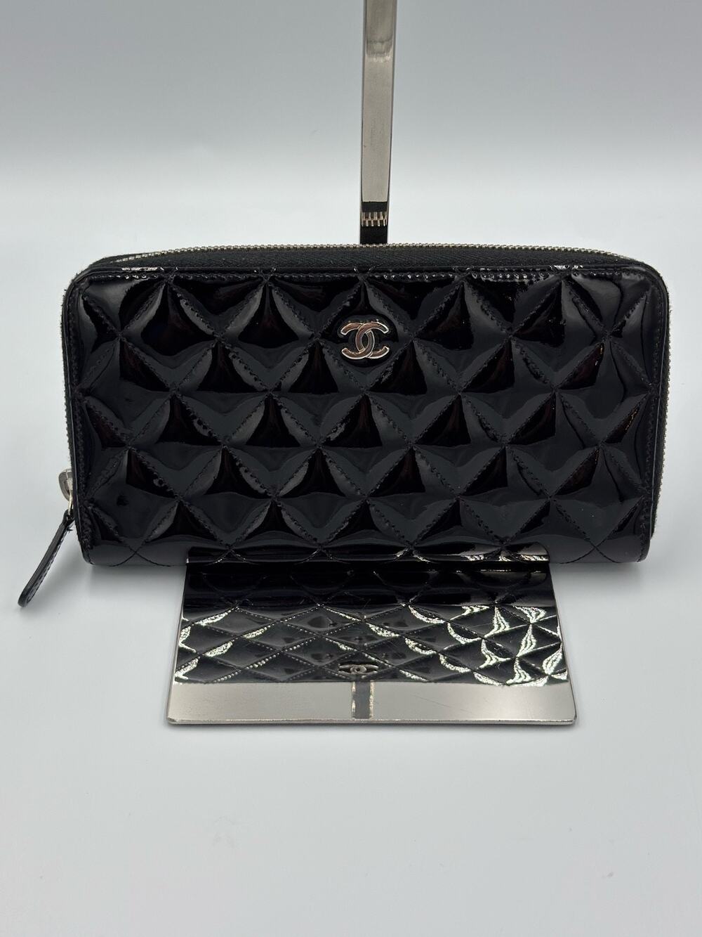 CHANEL Brilliant Patent Leather Zip Around Long Wallet Black Quilted CC Silver